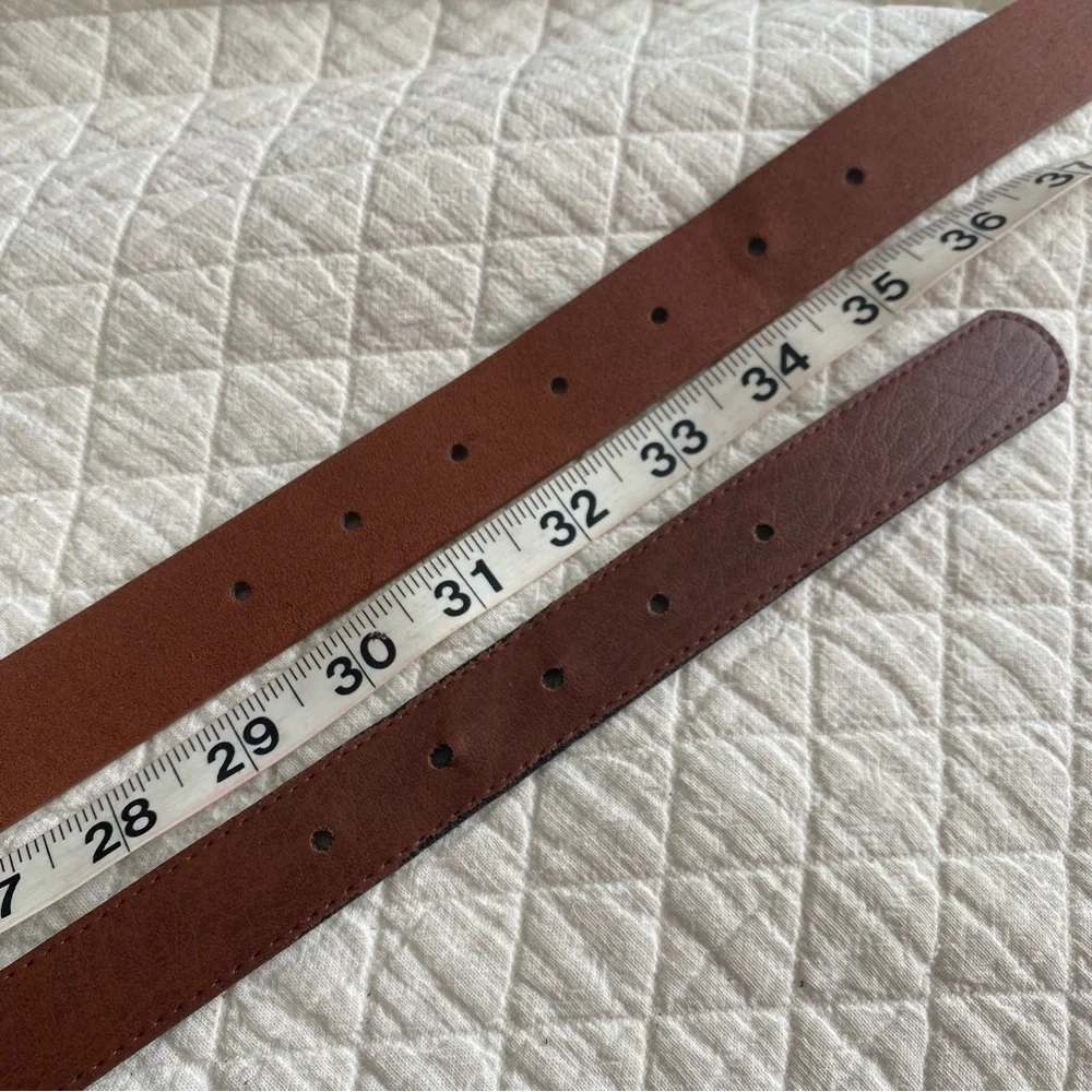Bundle of 2 Brown Faux Leather Belts Silver & Gold Tone Buckles, 30-33” Waist
